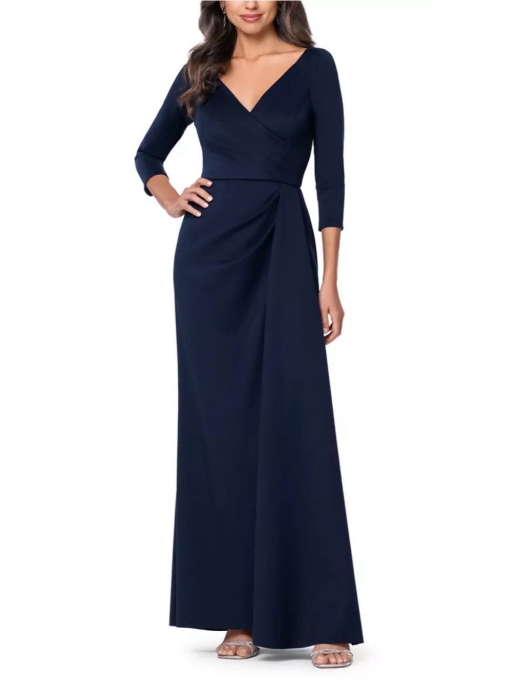 ESCAPE Elegant Navy V-Neck Maxi Dress with 3/4 Sleeves